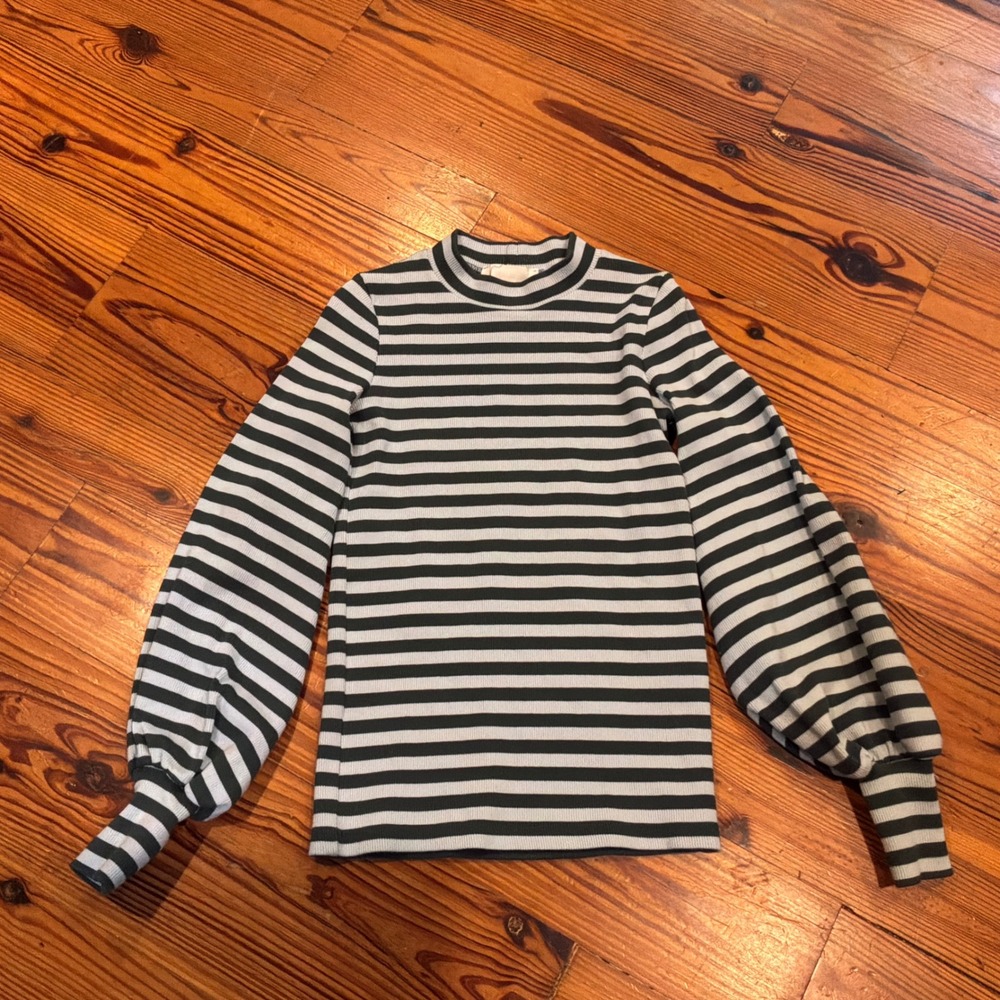 Mr. Larkin Womens XS Stripe Top Green Blue Balloon Sleeve Luxury EUC‎